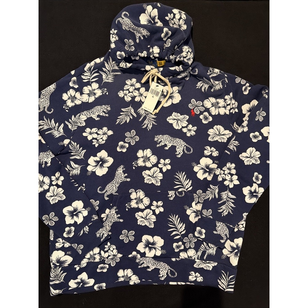 Polo Ralph Lauren All Over Tropical French Print Terry Hoodie Blue Size XL NWT